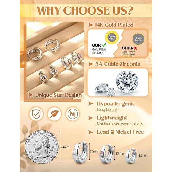 3Pairs Chunky Lightweight Hypoallergenic MultiColored CZ Silver Huggie Earrings - Picture 3 of 8